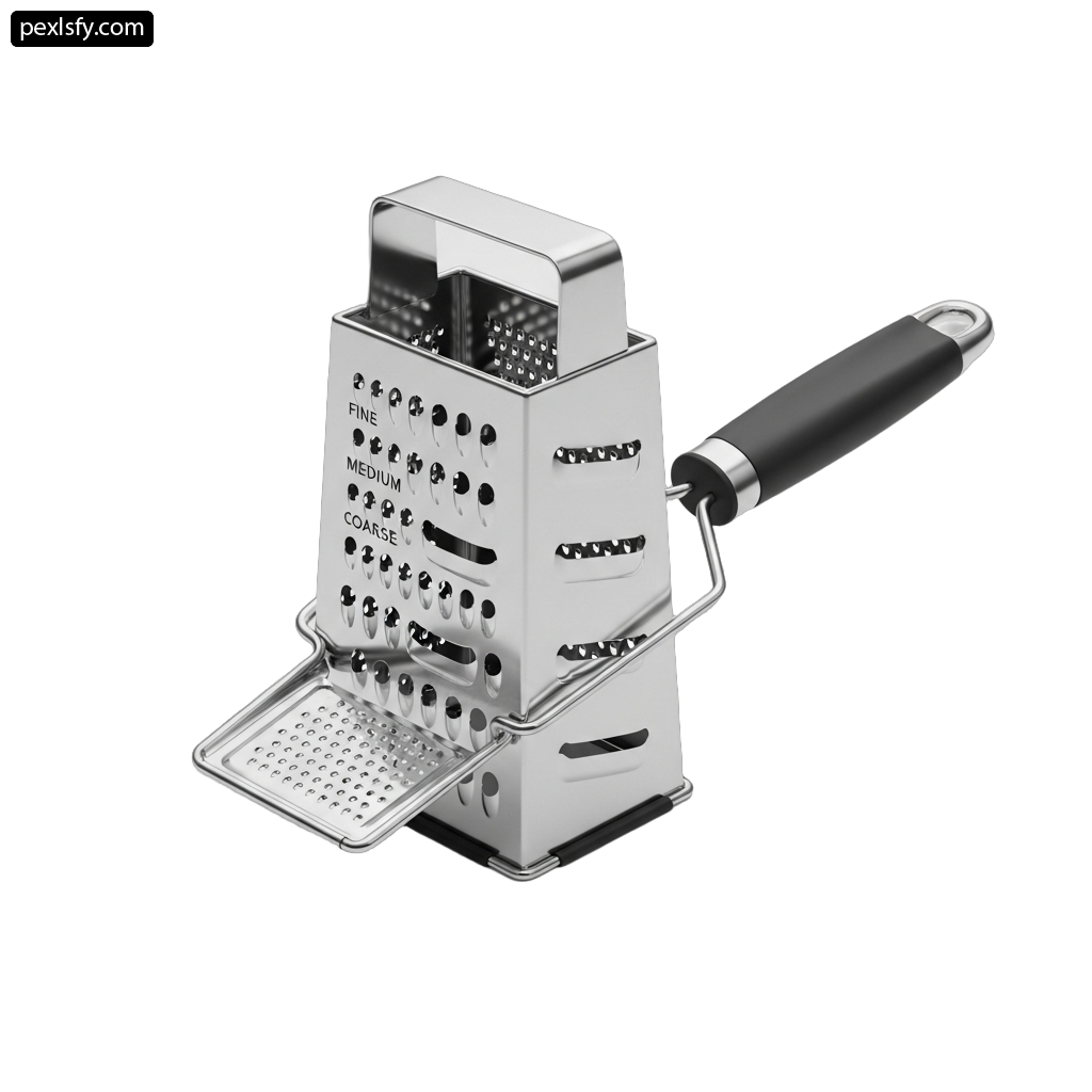 Stainless steel cheese grater with a black handle png transparent background