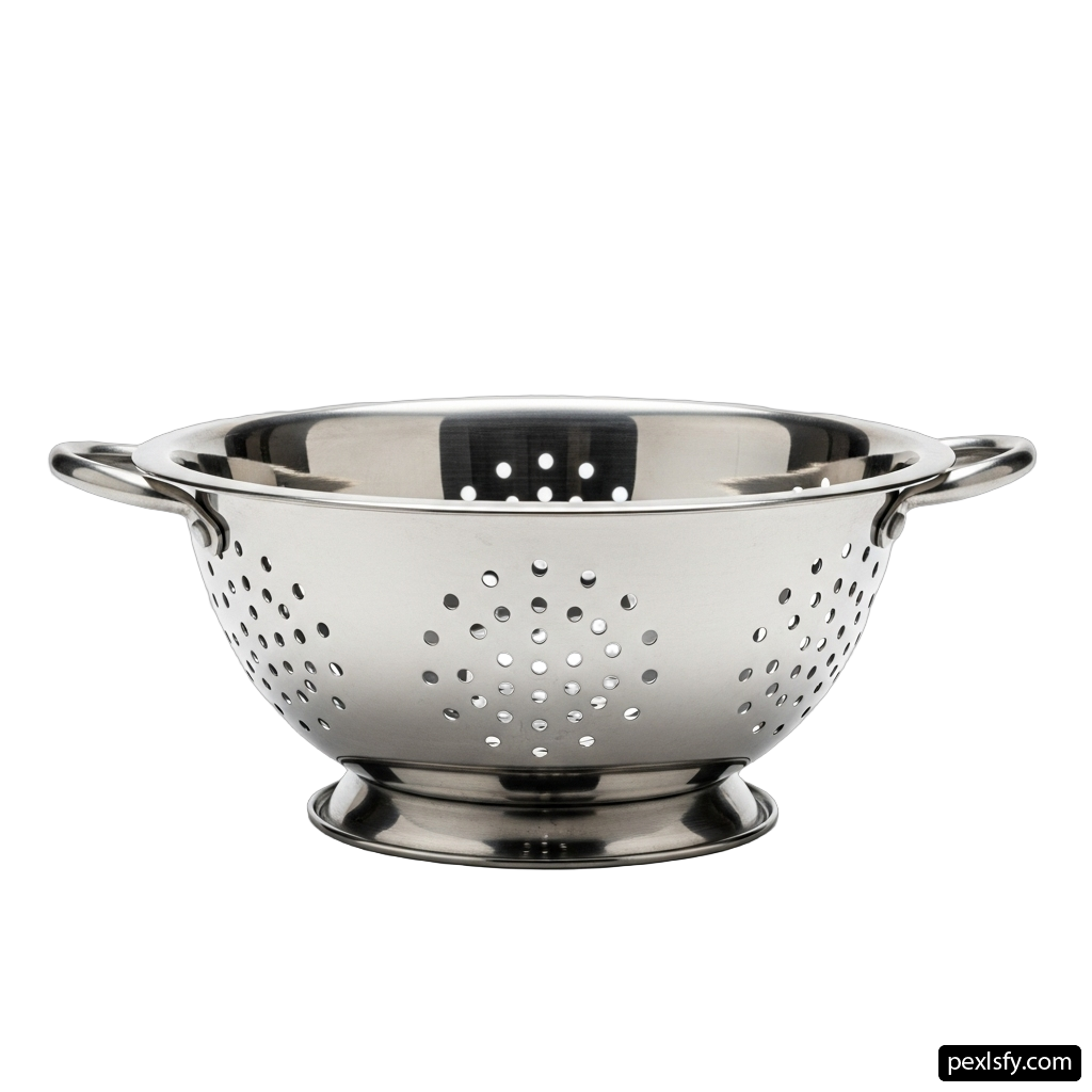 Stainless steel colander on a white background png transparent background