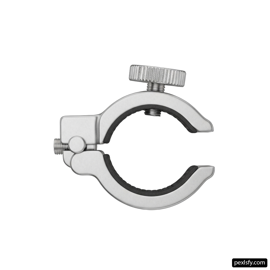 Stainless steel pipe clamp on a white background png transparent background