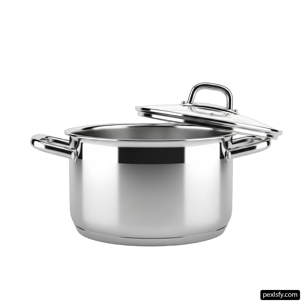 Stainless steel pot with a lid on a white background png transparent background