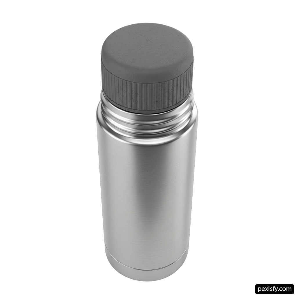 Stainless steel thermos with a black lid png transparent background
