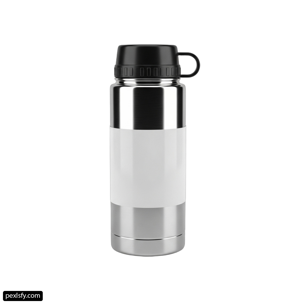 Stainless steel water bottle with a black lid png transparent background