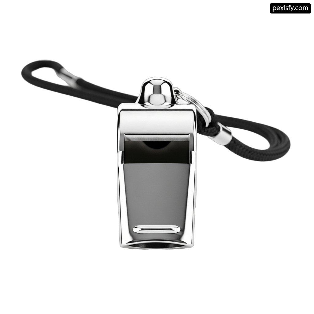 Stainless steel whistle on a black cord png transparent background