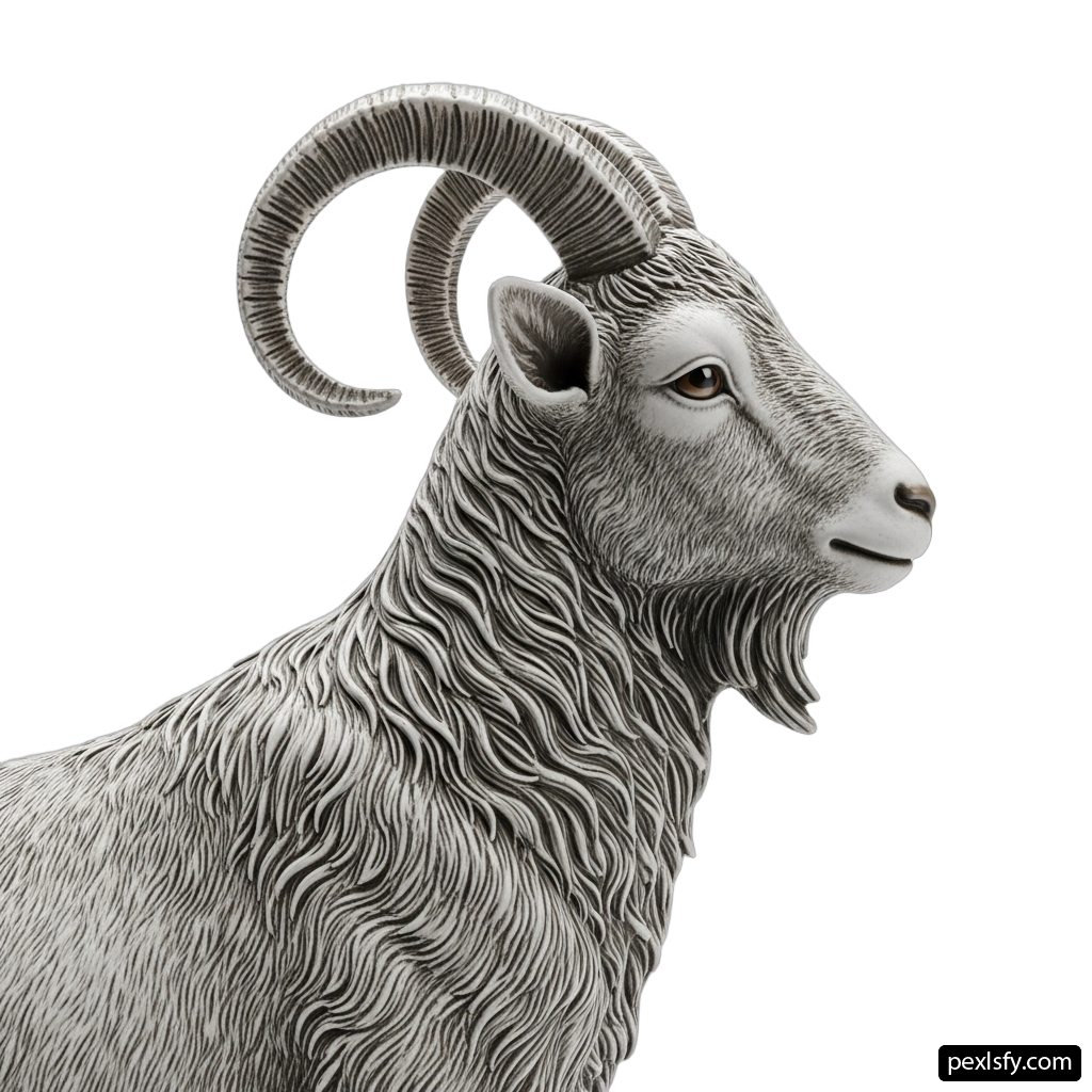 Statue of a ram with large horns on a white background png transparent background