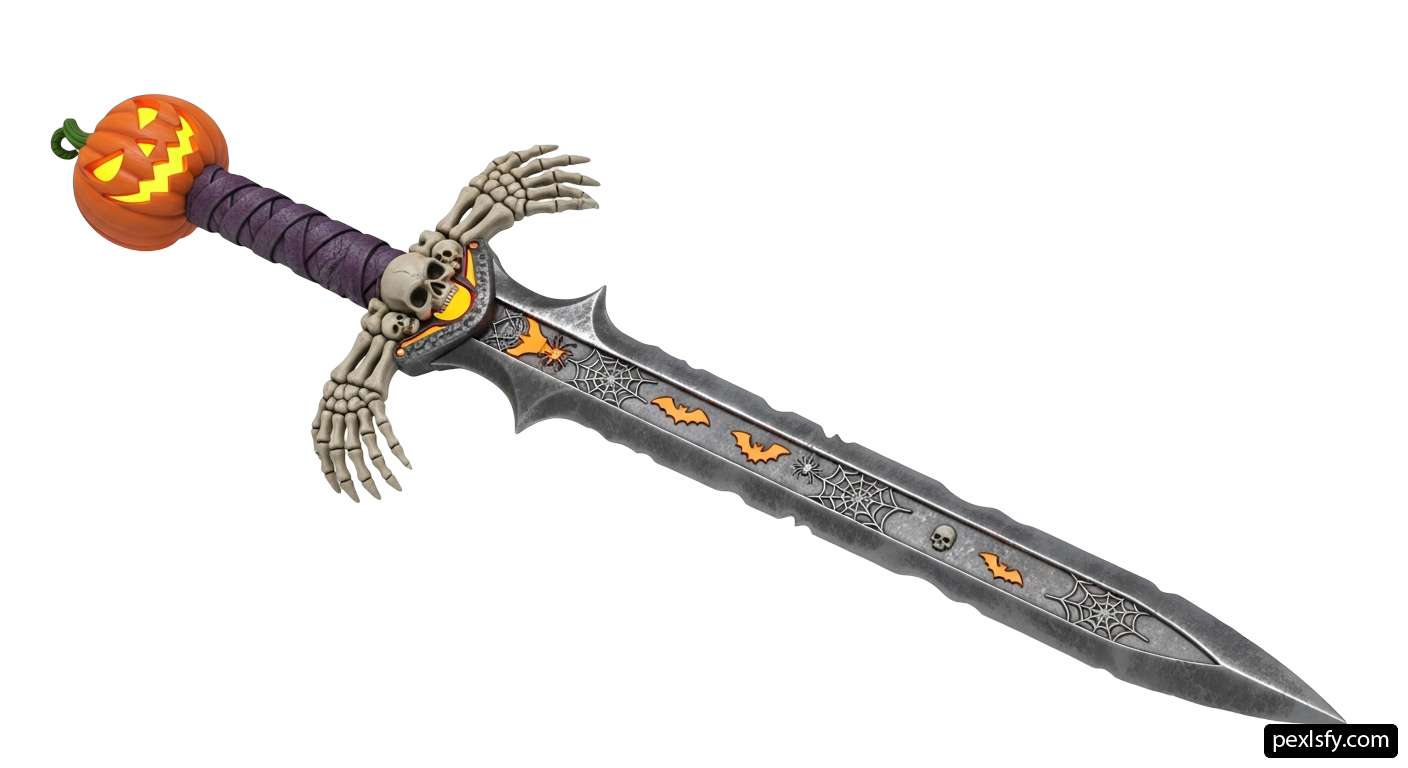 Sword with a skeleton holding a pumpkin on it png transparent background