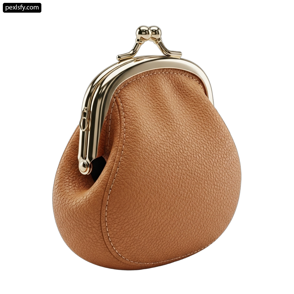 Tan purse with a metal handle on a white background png transparent background
