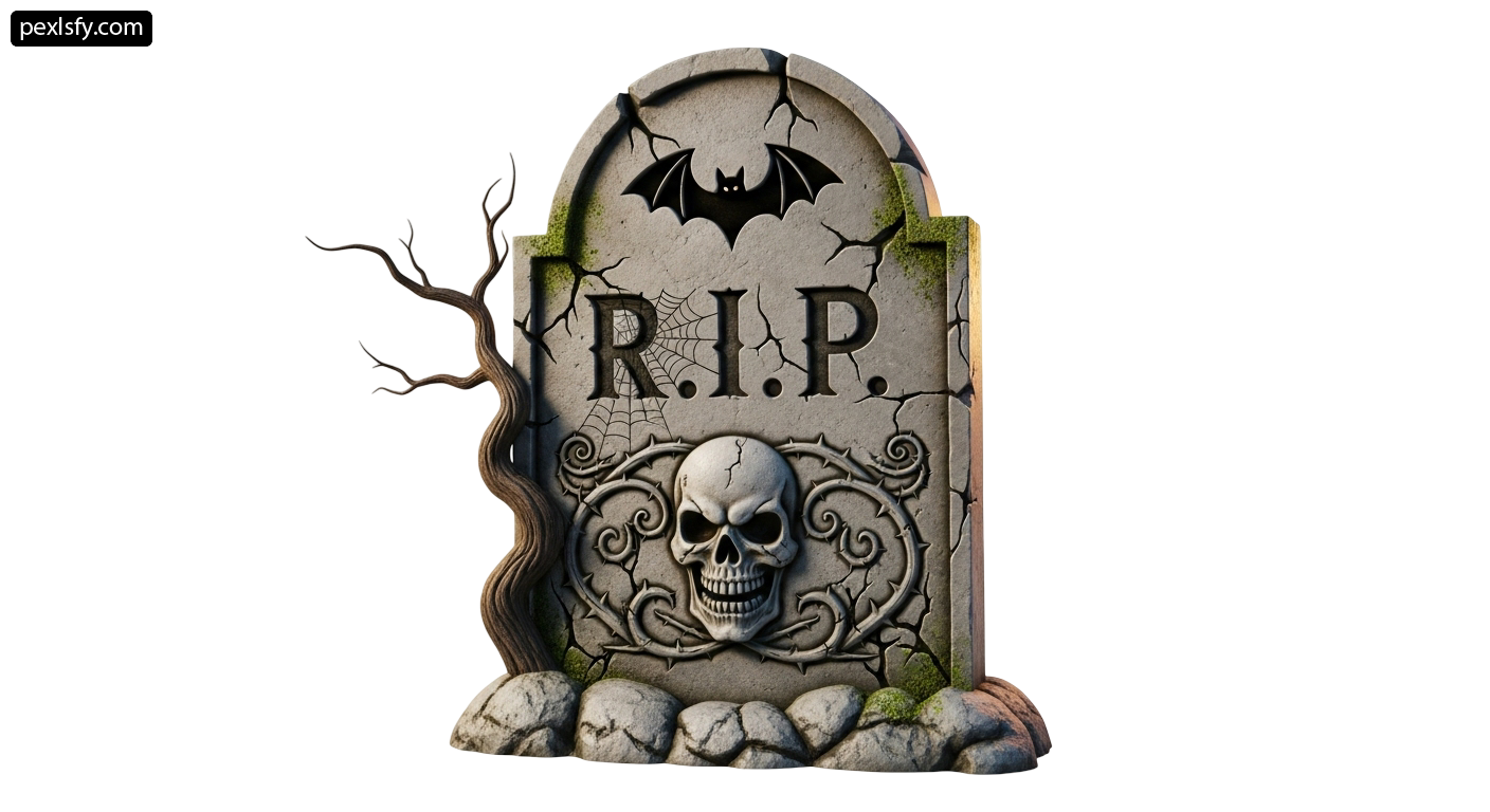 Tombstone with a skull and a bat on it png transparent background