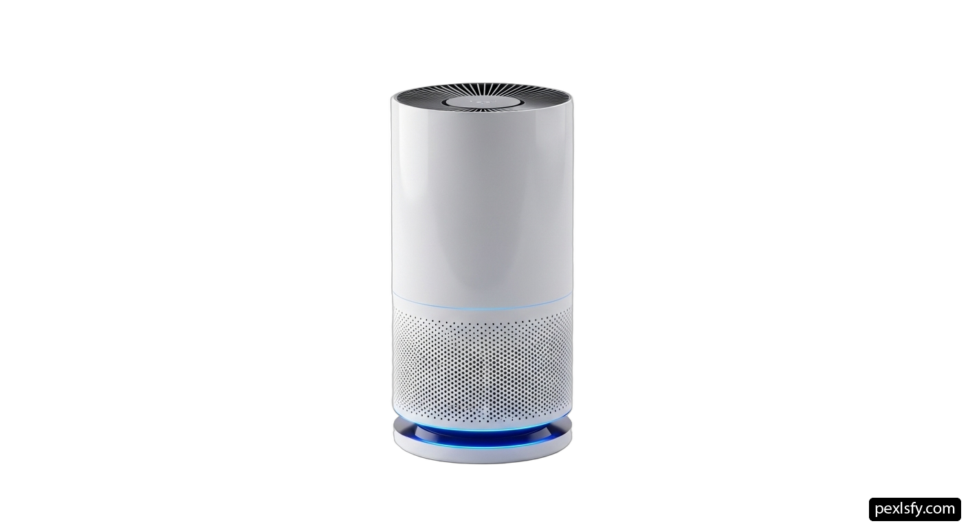White air purifier sitting on top of a white surface png transparent background