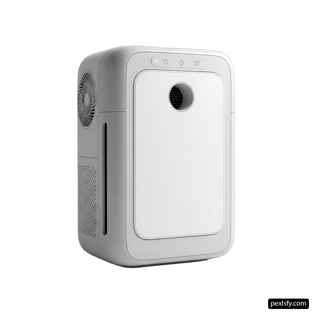 White air purifier sitting on top of a white surface png transparent background