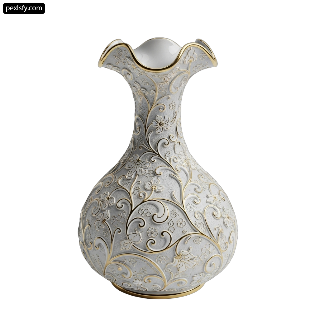 White and gold vase sitting on top of a table png transparent background