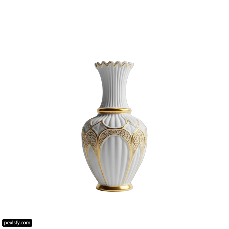 White and gold vase sitting on top of a table png transparent background