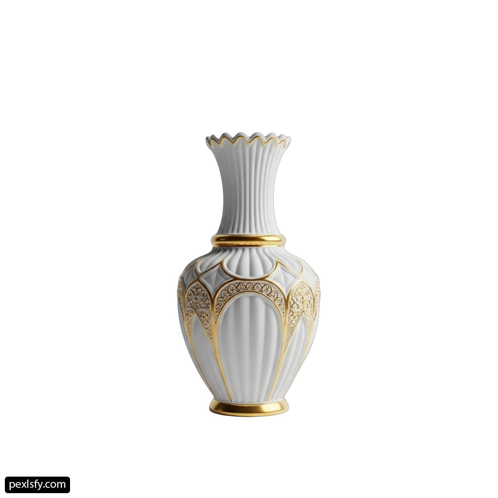 White and gold vase sitting on top of a table png transparent background