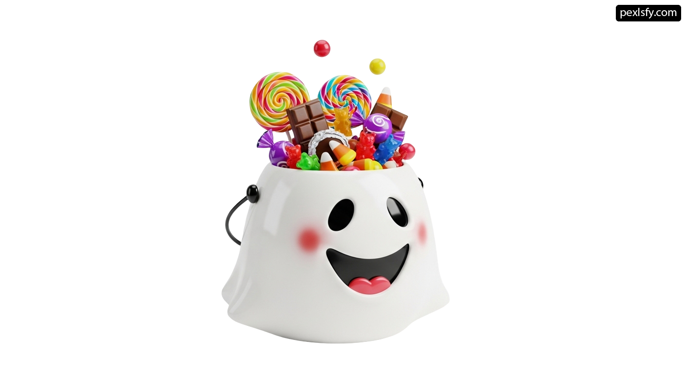 White bucket filled with lots of different types of candy png transparent background