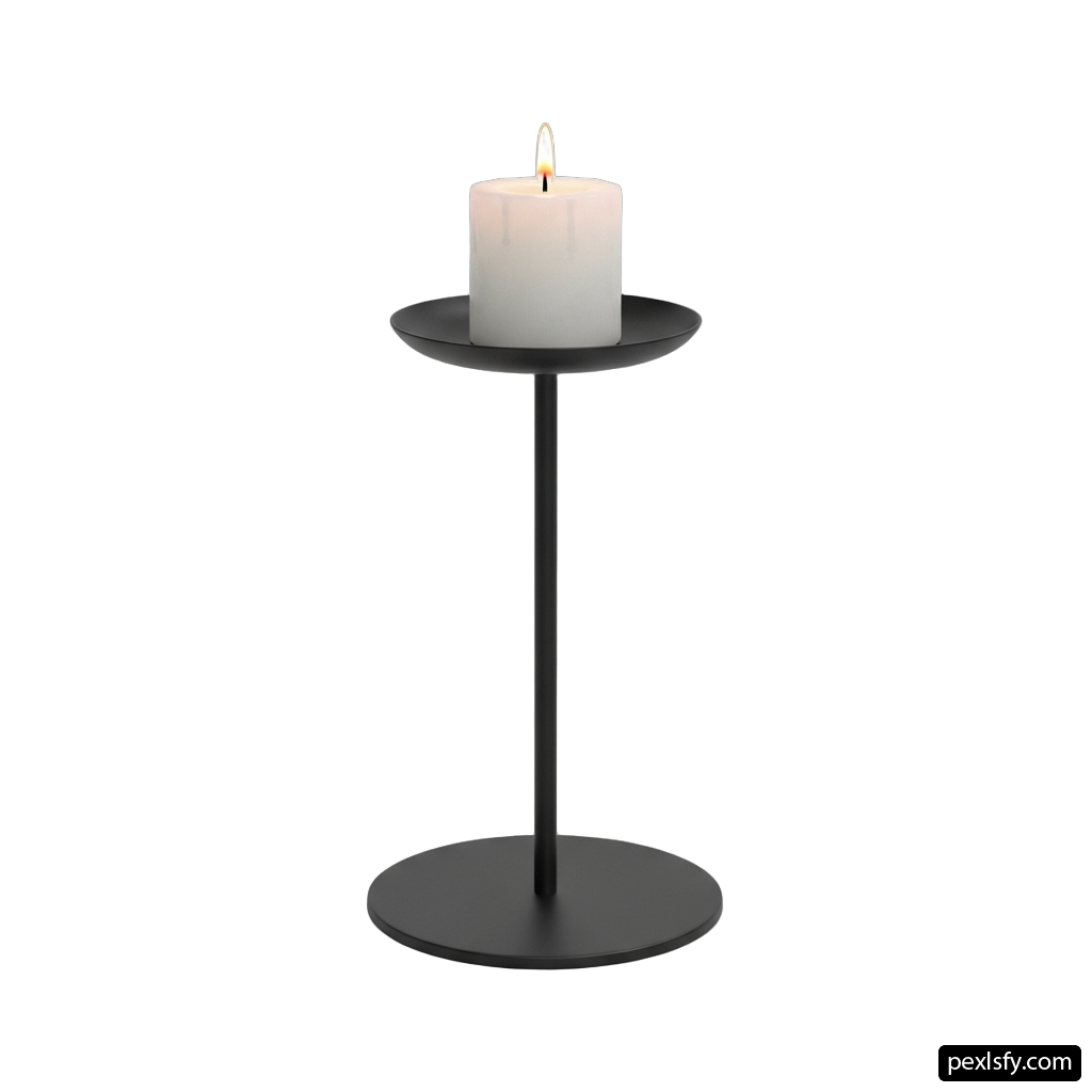 White candle sitting on top of a black stand png transparent background