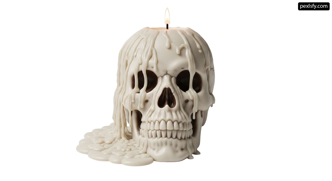 White candle with a dripping skull on it png transparent background