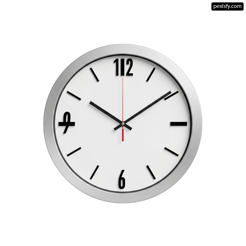 White clock with black hands on a white wall png transparent background