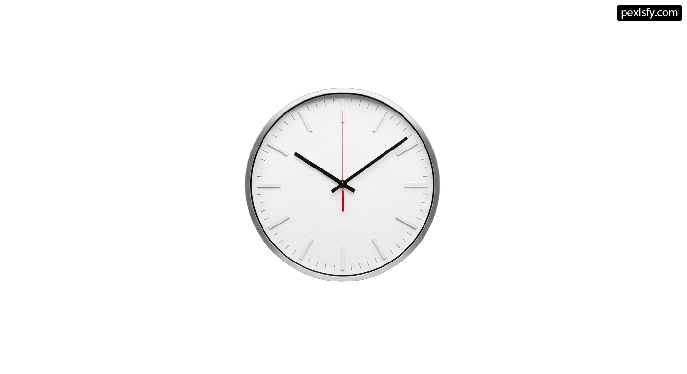 White clock with red hands on a white wall png transparent background