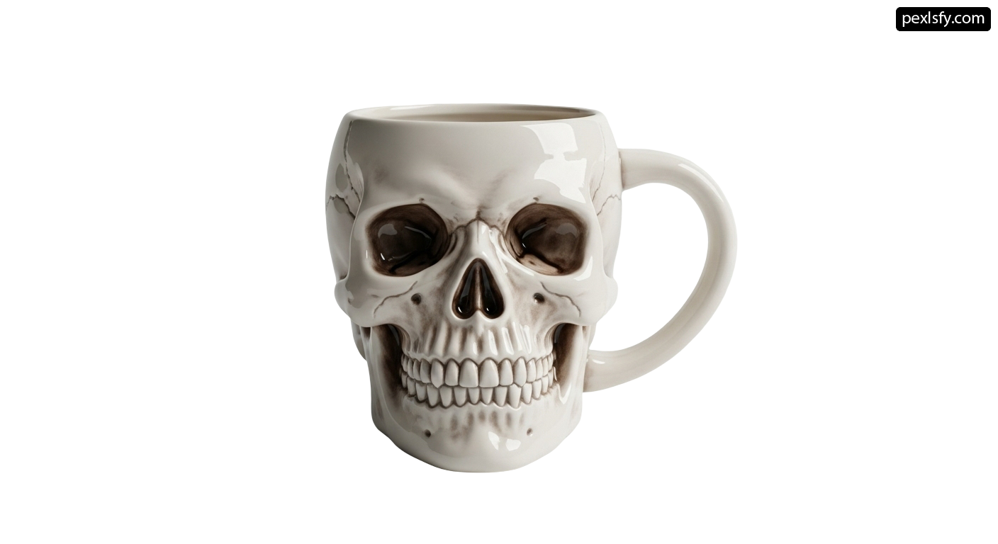 White coffee mug with a skull on it png transparent background