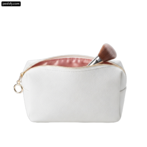 White cosmetic bag with a brush in it png transparent background