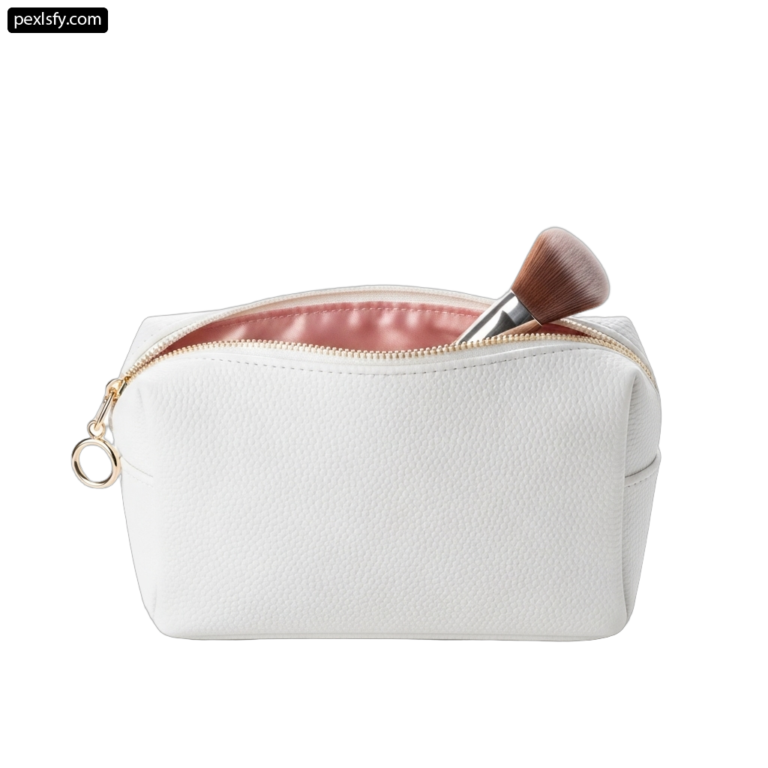 White cosmetic bag with a brush in it png transparent background