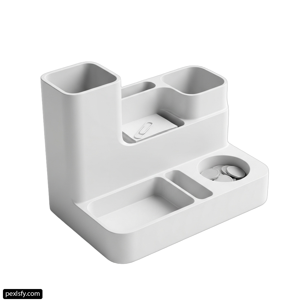 White desk organizer with two compartments and a cup holder png transparent background