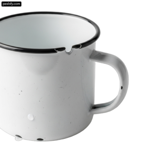White enamel mug with a black rim png transparent background