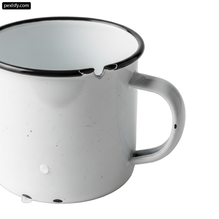 White enamel mug with a black rim png transparent background