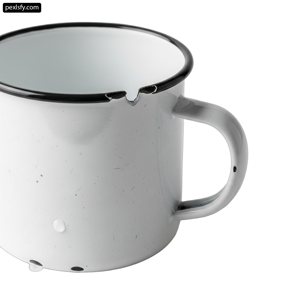 White enamel mug with a black rim png transparent background