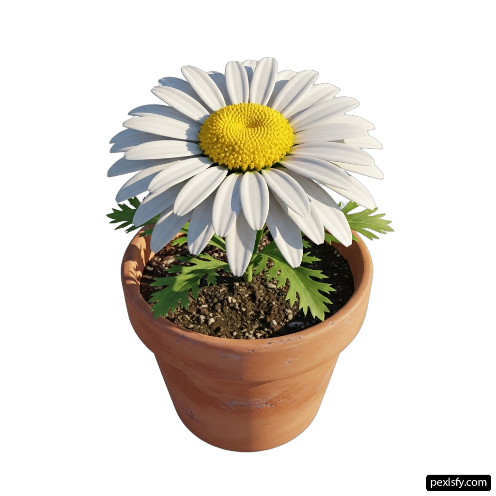 White flower in a brown pot with a yellow center png transparent background