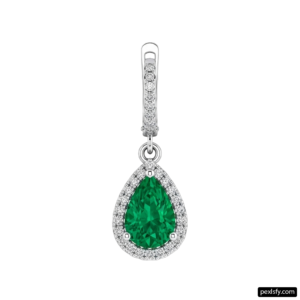 White gold pendant with a pear shaped emerald and diamonds png transparent background