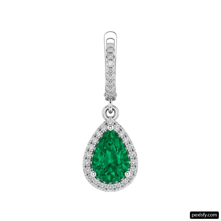 White gold pendant with a pear shaped emerald and diamonds png transparent background