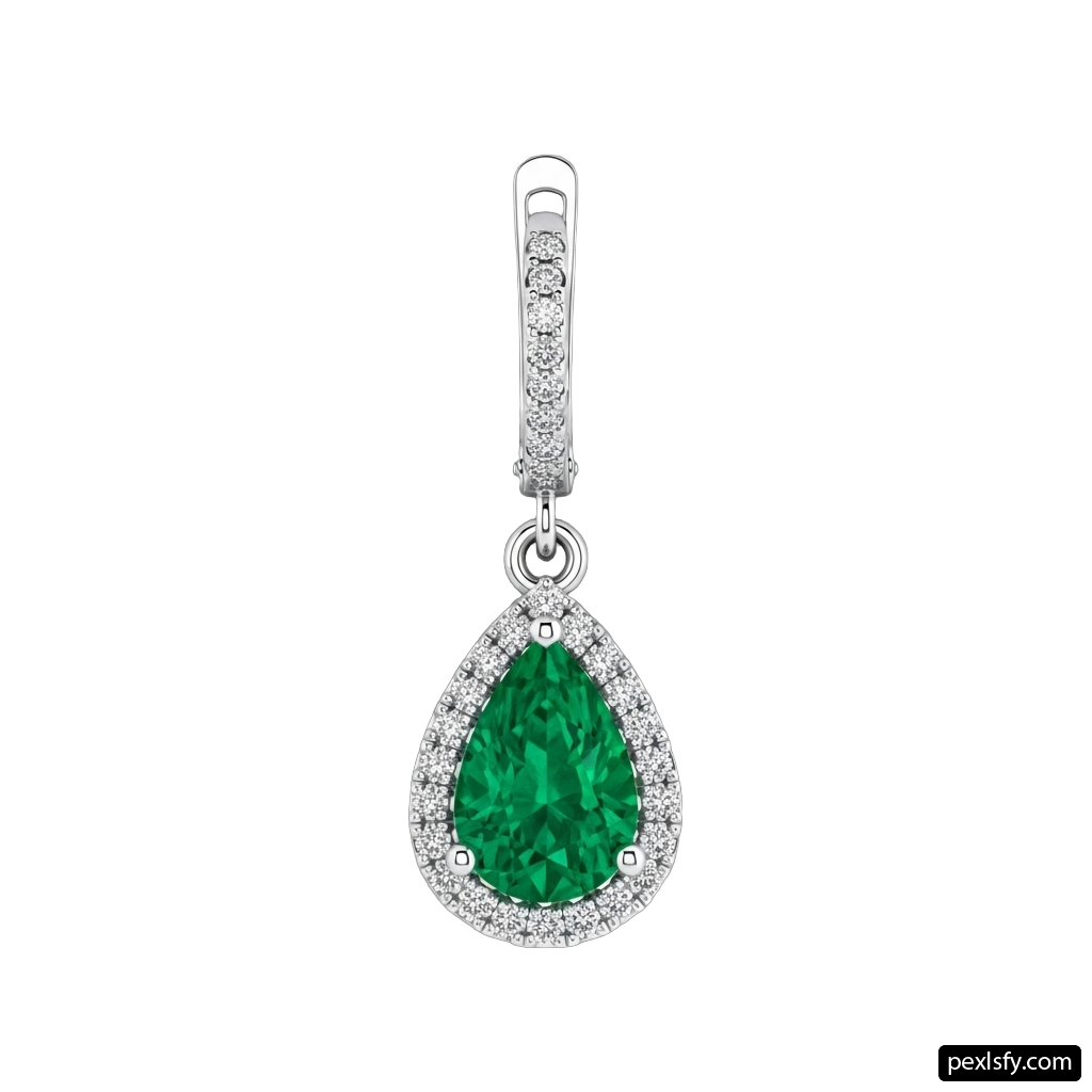 White gold pendant with a pear shaped emerald and diamonds png transparent background