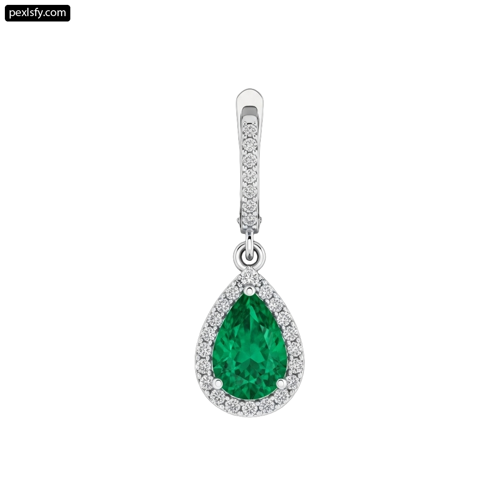 White gold pendant with an emerald and diamonds png transparent background