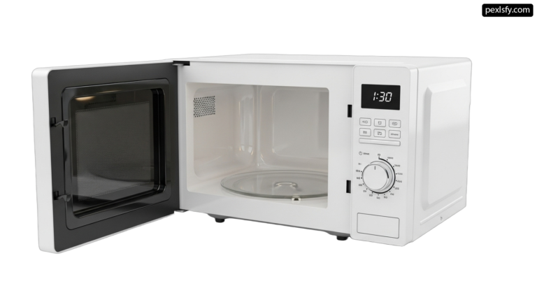 White microwave oven with the door open on a white background png transparent background