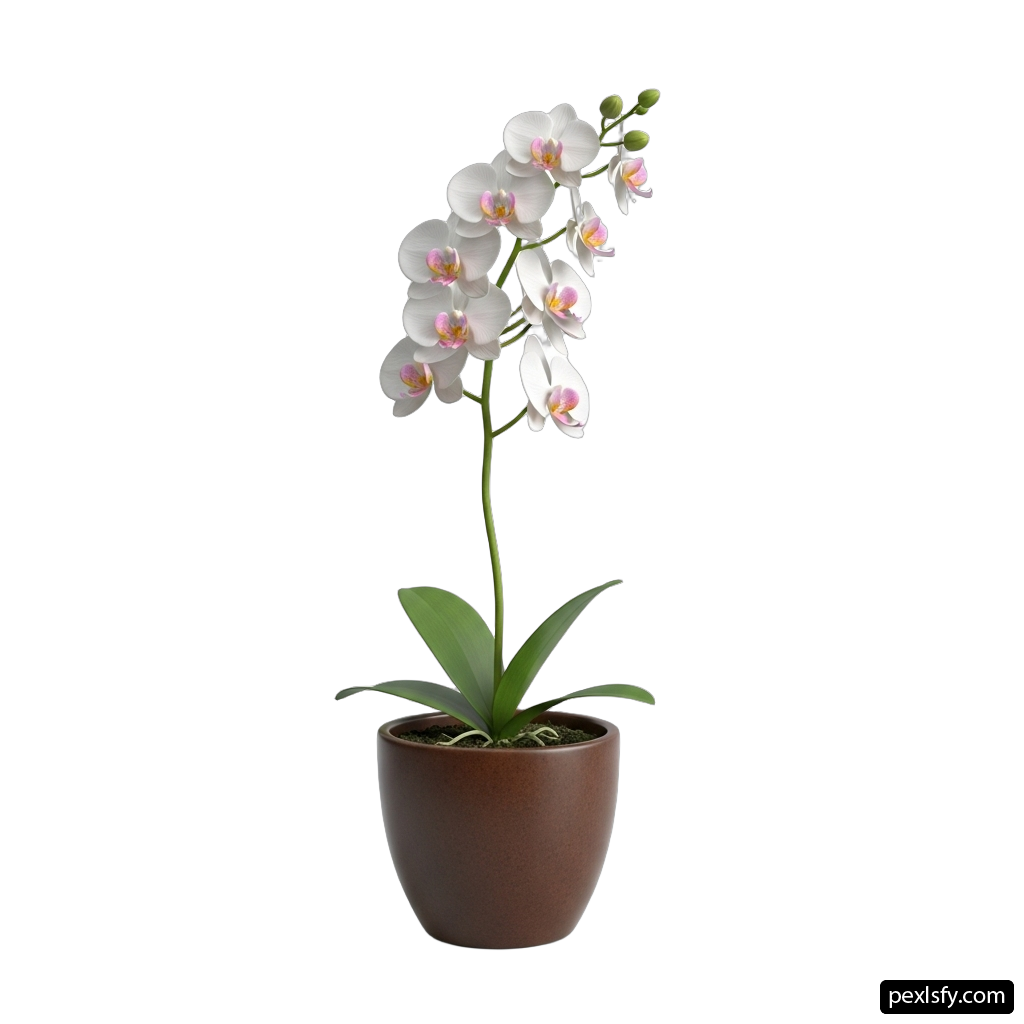 White orchid plant in a brown pot png transparent background