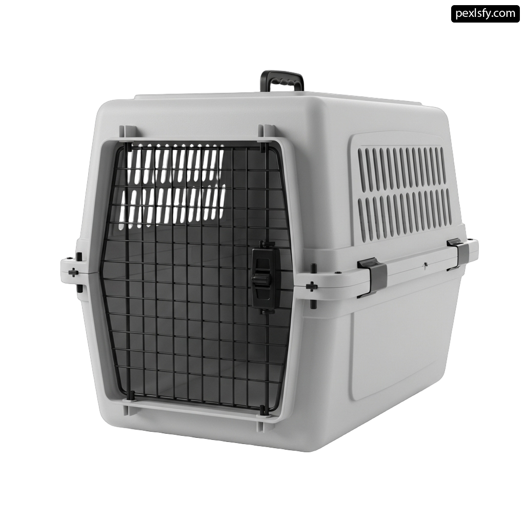 White plastic pet carrier with a black door png transparent background