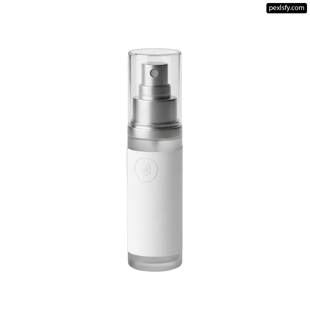 White spray bottle with a silver cap on a white background png transparent background