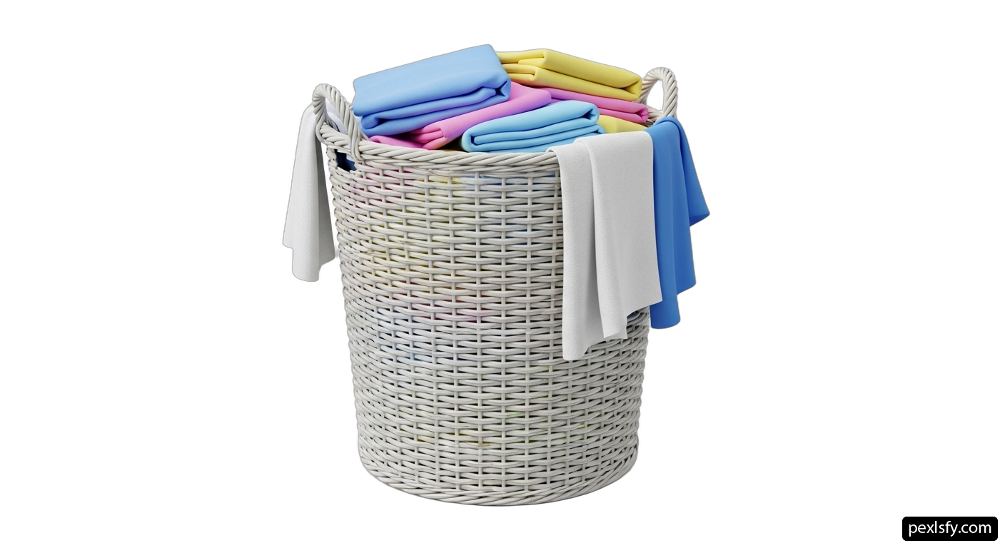 White wicker laundry basket filled with folded towels png transparent background
