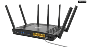Wireless router with four antennas connected to it png transparent background