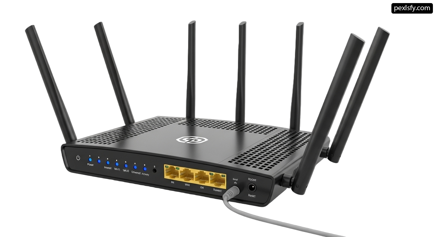 Wireless router with four antennas connected to it png transparent background