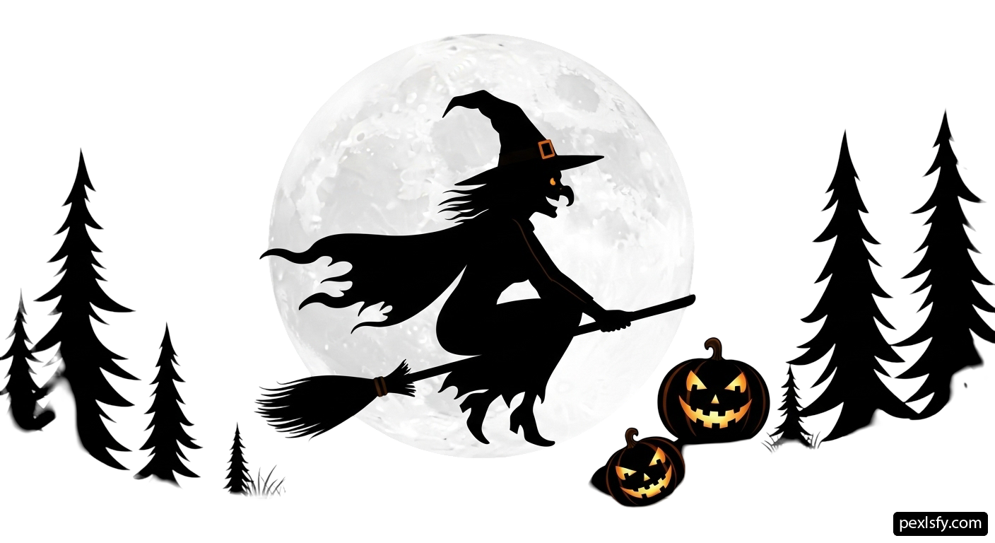 Witch flying on a broom in front of a full moon png transparent background
