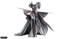 Woman in a dress made out of folded paper png transparent background