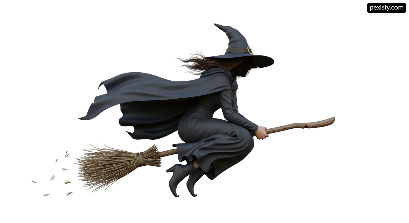 Woman in a witch costume flying on a broom png transparent background