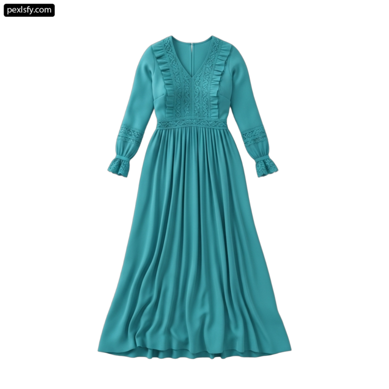 Woman wearing a long blue dress with a lace trim png transparent background