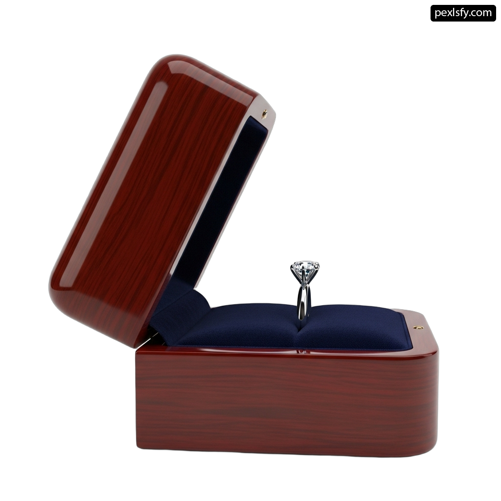 Wooden box with a diamond ring inside of it png transparent background