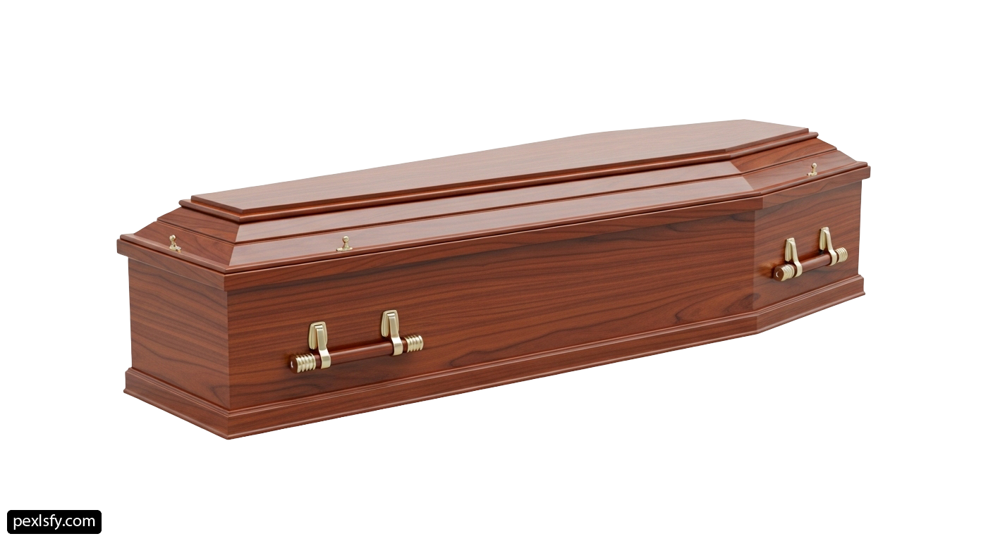 Wooden casket with brass handles on a white background png transparent background