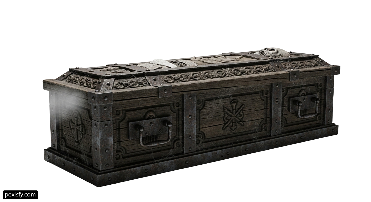 Wooden chest with a skull on top of it png transparent background
