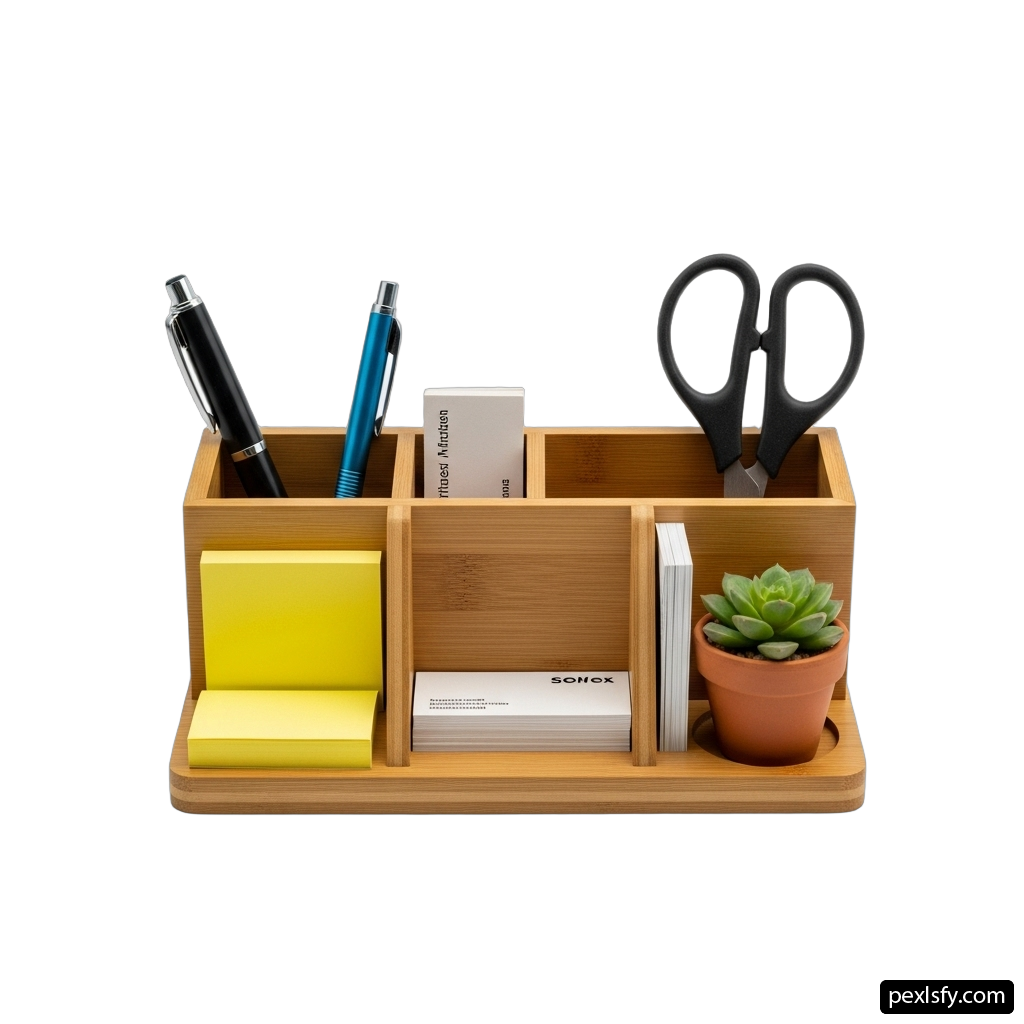 Wooden desk organizer with a pen, scissors, and a plant png transparent background