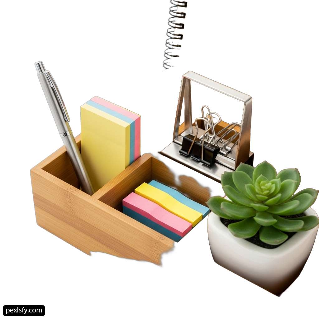 Wooden desk organizer with a pen, notepad, and a plant png transparent background