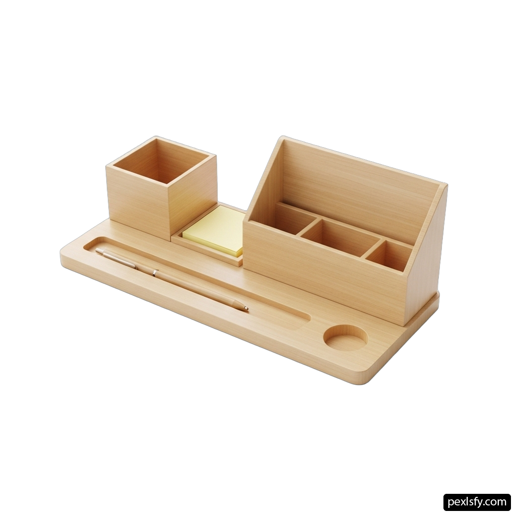 Wooden desk set with a pen and a notepad png transparent background
